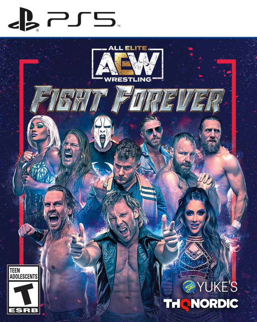 AEW Fighter Forever Box Art with T Rating Yuke's THQ Nordic Logo