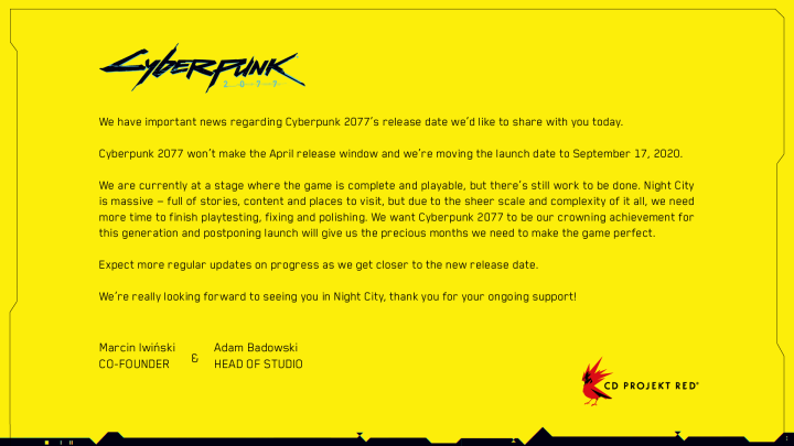 Cyberpunk 2077 Delay Letter From CDPR